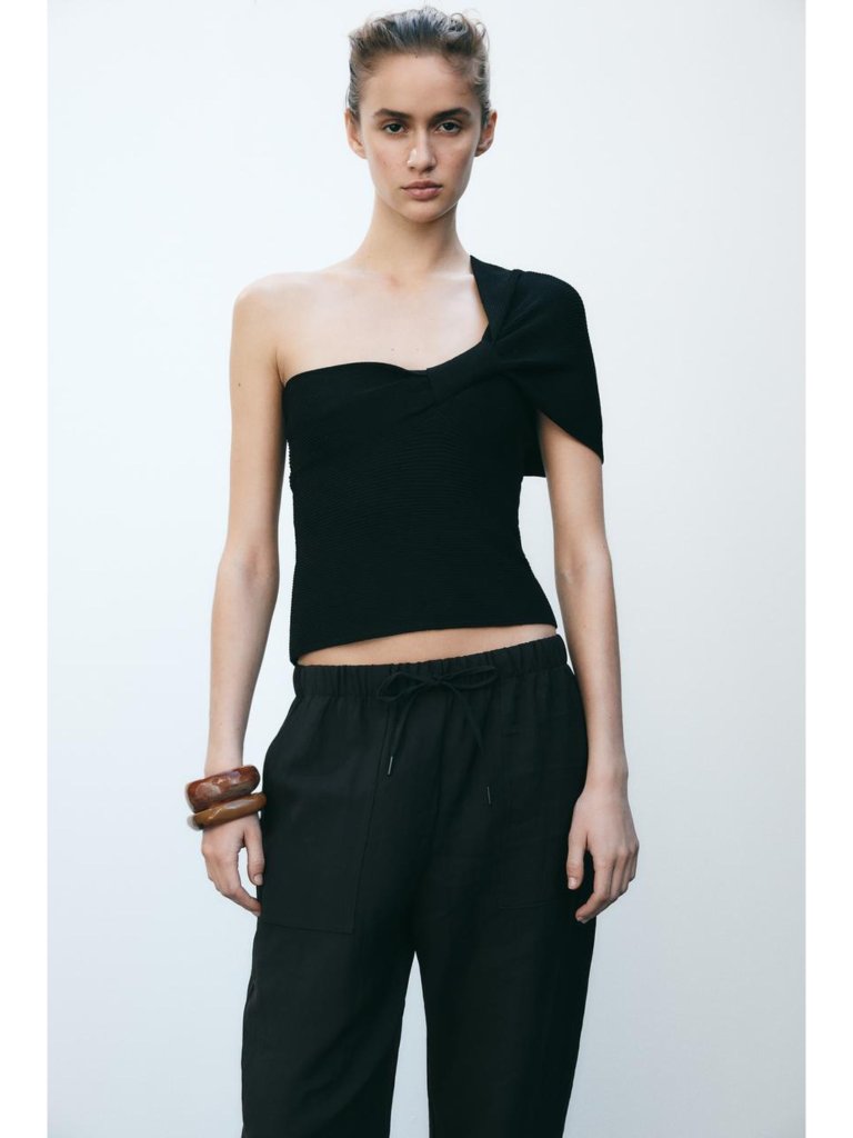 New Zara Asymmetrical Knit Top Black One Shouldered Cropped Women's Size Small S